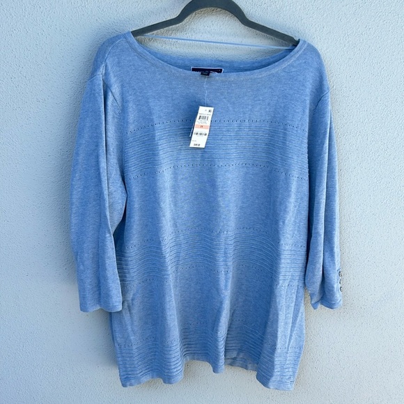 NWT Woman’s Karen Scott Pointelle Sweater Light Heather Blue Plus Size 2X - Picture 1 of 6